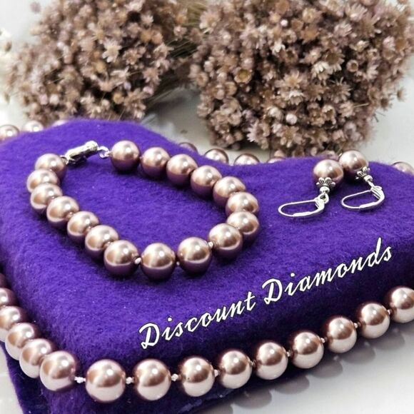 Champagne 10mm South Sea Shell Pearl 4 Pc Earrings Bracelet  Necklace 925 Clasp - Picture 1 of 9
